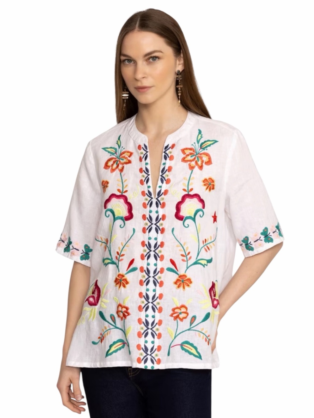 Johnny Was Averi Easy V‑Neck Top - White Embroidered Floral Linen Blouse